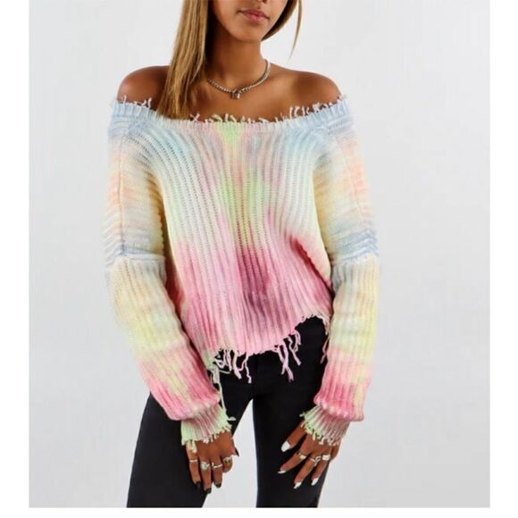 Skylar + Madison Tie Dye Distressed Crop Sweater Medium Reversible Fringe Grunge - Picture 1 of 16